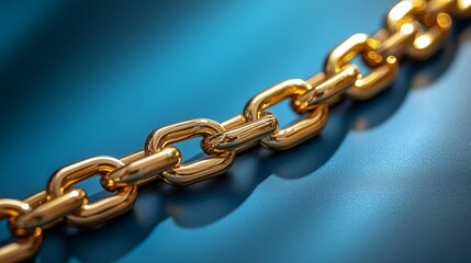 Fototapeta premium Golden chain resting on a blue surface representing strength and connection