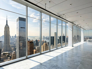 A stunning modern office space with panoramic city views, showcasing a sleek and minimalist design