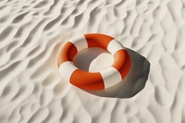Naklejka premium Bright orange and white lifebuoy resting on textured sand with sunlight casting a shadow