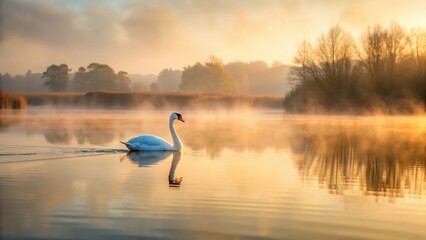 Fototapeta premium Swan glides silently across misty lake at dawn, peaceful morning, water reflection
