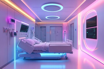 Fototapeta premium Futuristic Hospital Room: Neon Glow, Advanced Medical Technology