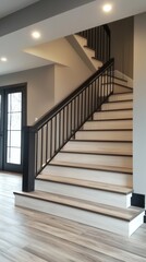 Obraz premium A stylish staircase showcases elegant Mocha Mousse hues, blending seamlessly with modern decor. Abundant natural light enhances the inviting atmosphere of this contemporary home
