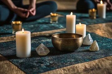 Meditation Setup with Singing Bowl, Candles, and Crystals