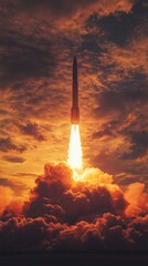 Rocket launching at sunset creating a bright light behind clouds