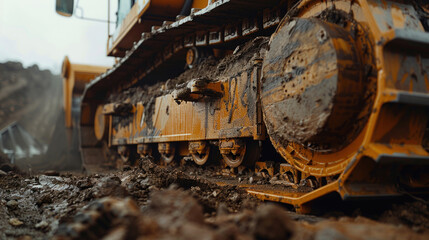 Close-up of a bulldozer's treads crushing through dirt, rugged action