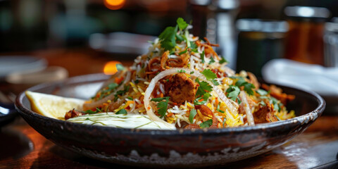 Close-up of a fragrant biryani dish garnished with fried onions, served with raita and lemon wedges