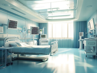 Bright and sterile hospital room equipped with advanced medical devices, patient bed, and monitoring systems. The clean and organized environment reflects a professional healthcare setting for