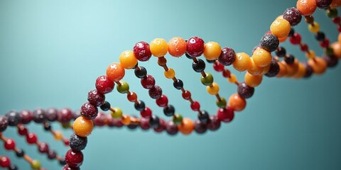 A vibrant DNA helix made of colorful fruits, symbolizing the vital role of fruit nutrients in cellular development and division