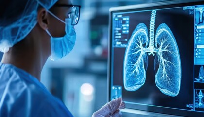 A pulmonologist wearing a mask examines lung imaging on a high-tech screen, showcasing advanced medical technology and professionalism in healthcare settings.