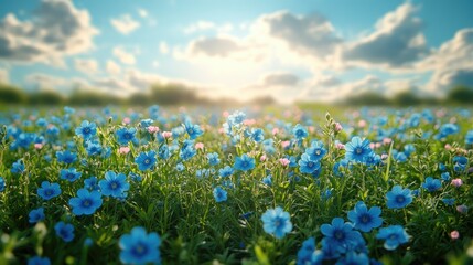 A vast field of vibrant blue flowers under a bright sky with fluffy clouds, creating a serene and beautiful landscape