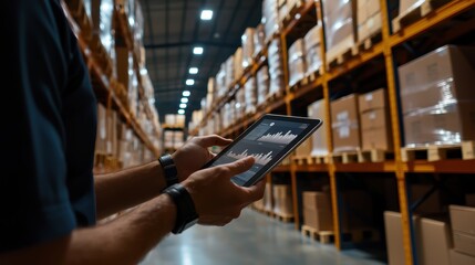 A warehouse worker utilizes an iPad to manage inventory, showcasing the integration of technology in logistics and business operations within a modern storage facility.