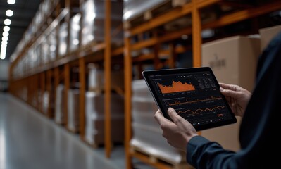 A warehouse worker analyzes data on an iPad, showcasing the integration of technology in logistics. The image captures efficiency and modern operations in a storage environment.