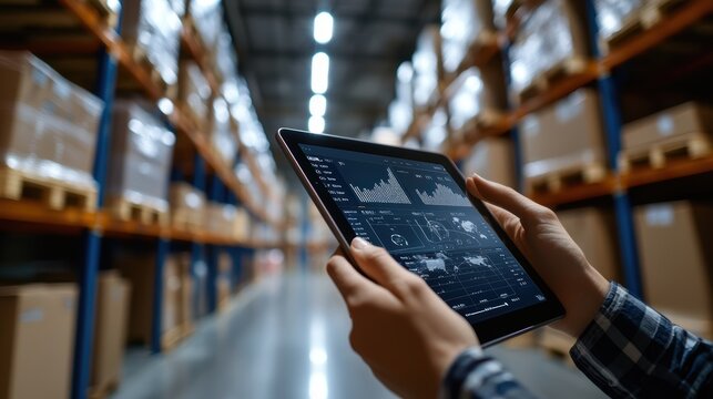 A warehouse worker is holding an iPad, analyzing data on the screen to manage inventory efficiently in a modern storage facility. - Powered by Adobe