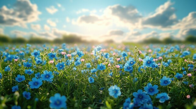 Fototapeta A vast field of vibrant blue flowers under a bright sky with fluffy clouds, creating a serene and beautiful landscape