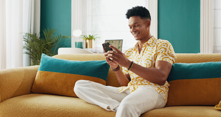 Man, student and smile with phone at house of education results, university application and acceptance. Male person, mobile and good news of enrollment, scholarship feedback and approval notification