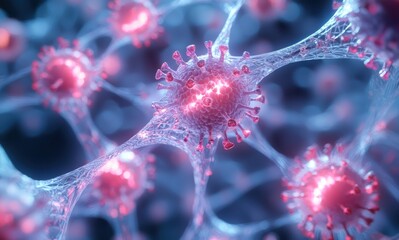 Explore a high fidelity visualization of a virus structure, showcasing intricate details and vibrant colors in a dynamic, scientific representation of microscopic life.