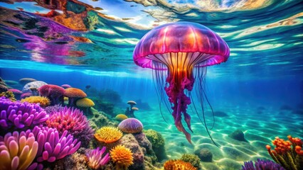 Colorful jellyfish floating in the ocean with vibrant purple and blue hues, surrounded by clear turquoise water and coral reefs, jellyfish, underwater