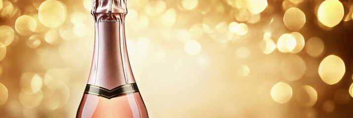 Sparkling rose wine bottle against a festive background