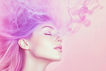 Naklejka premium Woman with flowing pink hair enjoys a moment of serenity