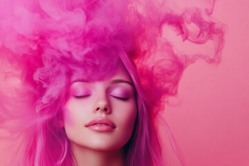 Naklejka premium Woman with vibrant pink hair and smoke during creative shoot