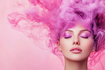 Fototapeta premium Woman with pink hair and makeup surrounded by colorful smoke