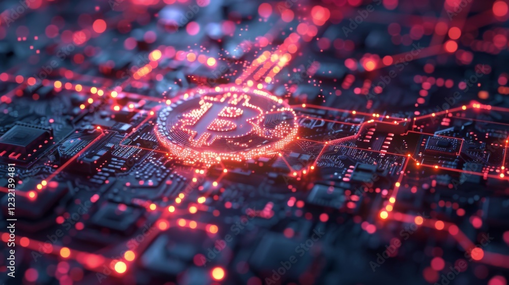 Poster Intricate circuitry features a glowing Bitcoin symbol, highlighting the intersection of technology and finance, set against a dark background with vibrant red tones.