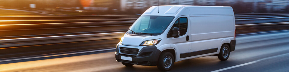 Delivery van drives on highway during golden hour