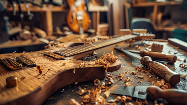 Close-up of precision tools used in guitar crafting, surrounded by wood shavings and a partially assembled guitar body
