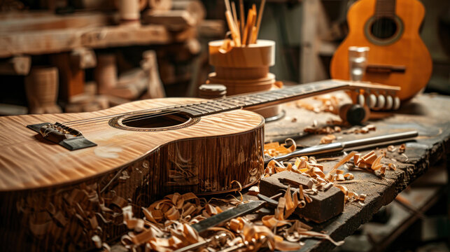 Close-up of precision tools used in guitar crafting, surrounded by wood shavings and a partially assembled guitar body