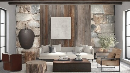 Rustic Farmhouse Living Room Interior Design with Stone and Wood Walls