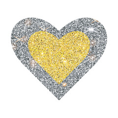 Vector glitter gold silver heart.  Shiny heart isolated on white background. Glitter sticker. Valentine's Day Design Elements