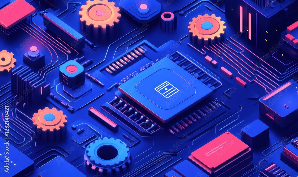 Poster data processing circuit board; background gears, tech concept