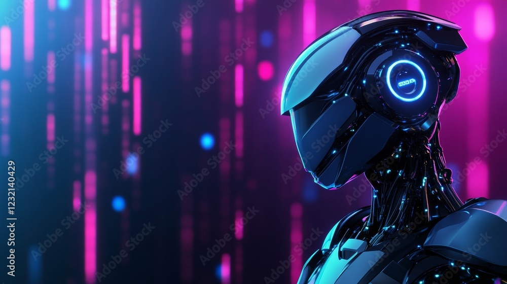 Poster futuristic robot looking at holographic data stream in cyberspace