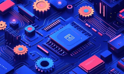 Data processing circuit board;  background gears, tech concept