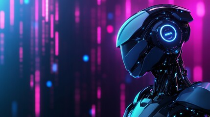 Futuristic robot looking at holographic data stream in cyberspace