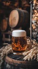 Glass of beer standing on wooden barrel in brewery cellar
