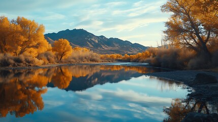 Fototapeta premium Serene river landscape reflecting autumn colors and mountains under a clear sky.