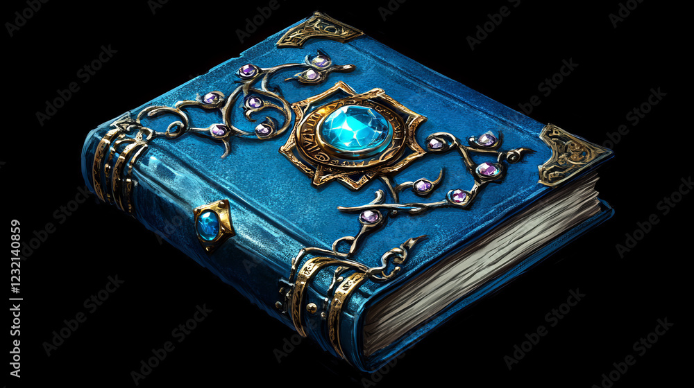 Poster old magic book for fantasy game vector ui icon. wizard alchemy and spell grimoire with blue cover. f