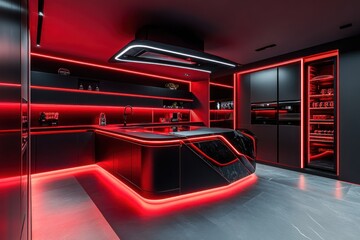 Obraz premium Futuristic Red Lit Modern Kitchen Design