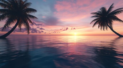 A serene sunset over calm waters, framed by palm trees, evoking tranquility and beauty.