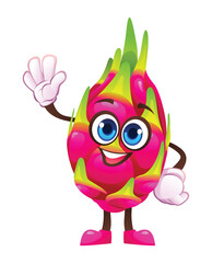 Cute dragon fruit character waving happily. Vector cartoon illustration