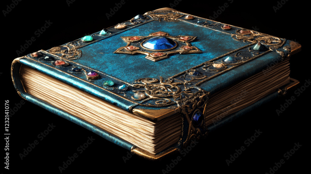 Poster old magic book for fantasy game vector ui icon. wizard alchemy and spell grimoire with blue cover. f