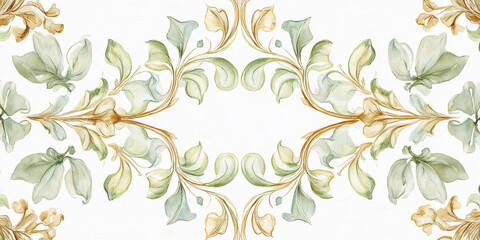 Delicate watercolor border featuring soft green leaves and golden branches, arranged in a flowing, seamless pattern. Ideal for creating beautiful wedding backdrops, greeting cards, or DIY projects.
