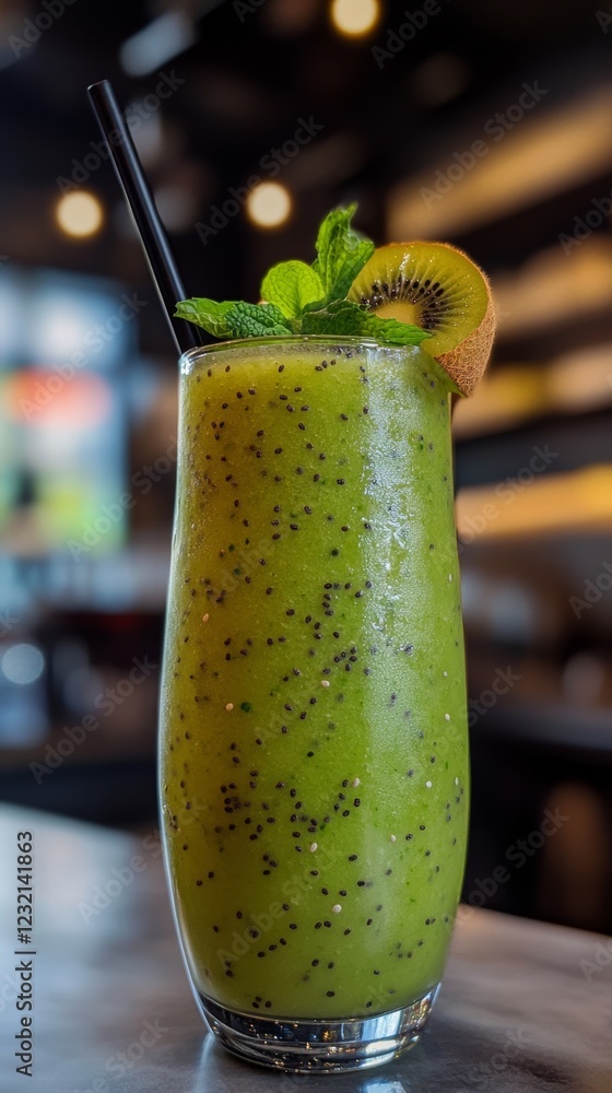 Poster refreshing kiwi smoothie garnished with mint leaves and kiwi slice in a modern bar
