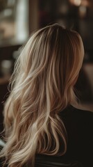 Naklejka premium Blonde woman showing her wavy hair in a hair salon