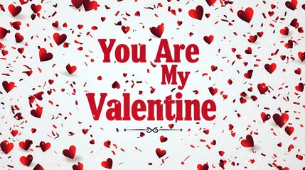 A festive banner with red heart confetti and "You Are My Valentine" written in a bold, modern font.