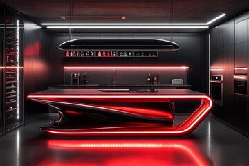 Obraz premium Futuristic Red and Black Kitchen Design: Sleek Island, Modern Appliances, LED Lighting