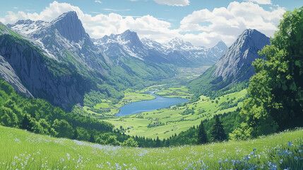 Obraz premium Summer landscape with lake, agriculture fields and mountains. Vector cartoon illustration of nature scene of countryside with green farmlands, river and rocks