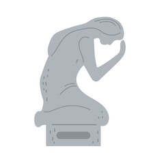 Elegant grey sculpture of a woman in a pensive pose displayed at an art exhibition