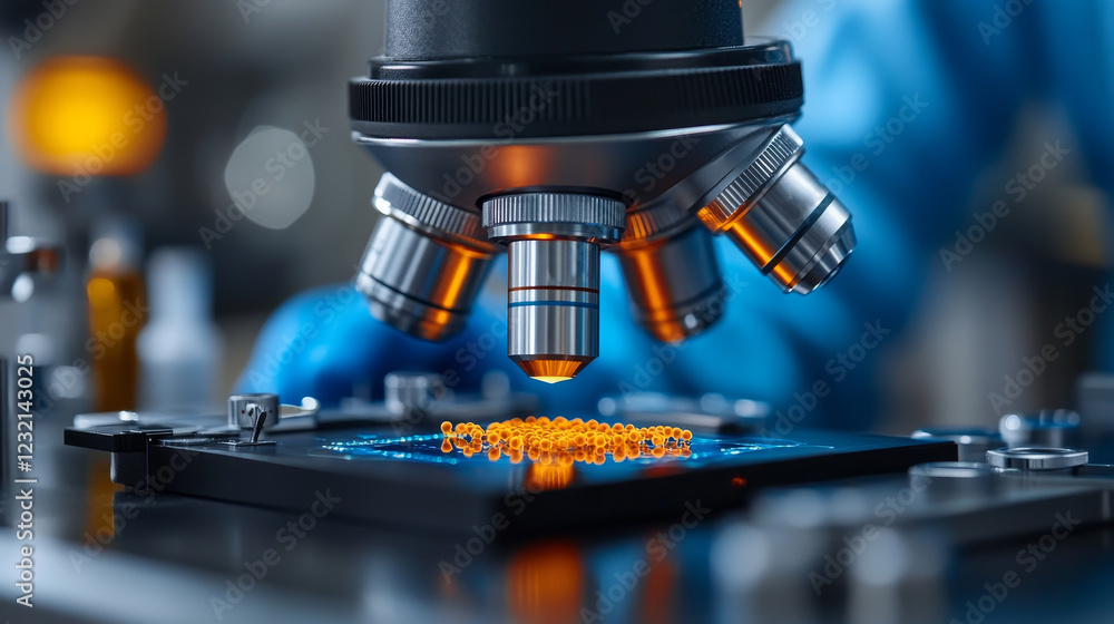 Poster high tech microscope examining bioprinted cells in lab